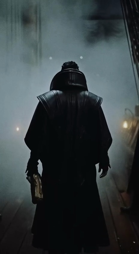Trailer still: a cloaked figure seen from behind in the fog, a book in one hand